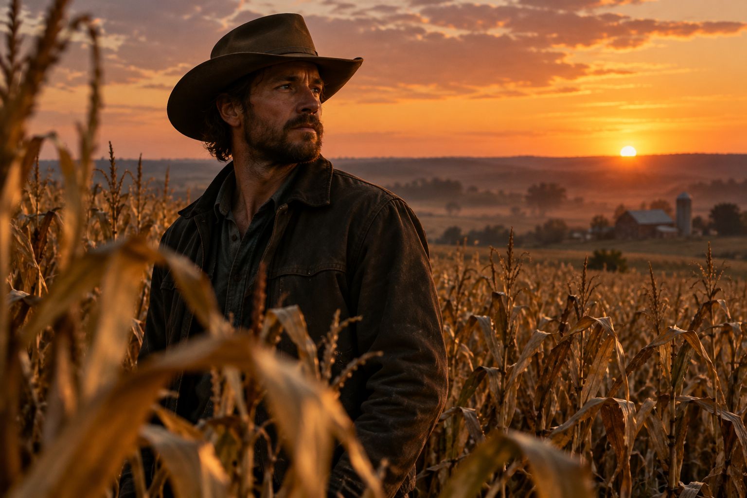 Cinematic film still of a man in a hat standing in a golden cornfield at dusk