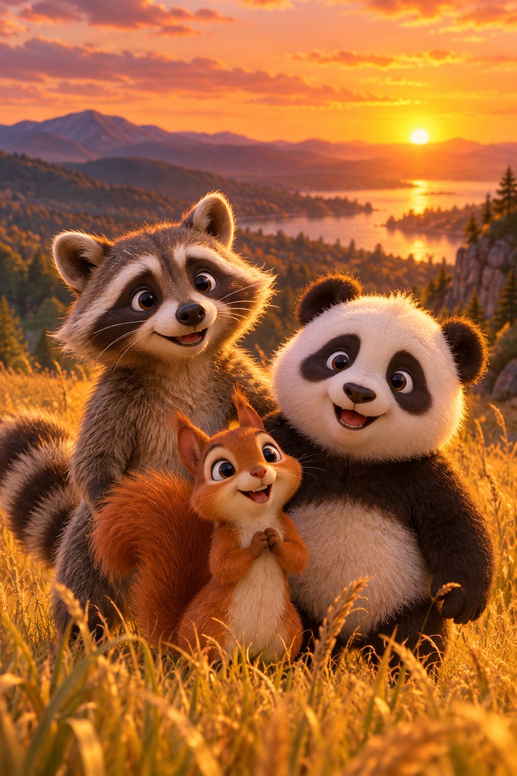 AI animated movie still of a raccoon, squirrel and panda in a forest
