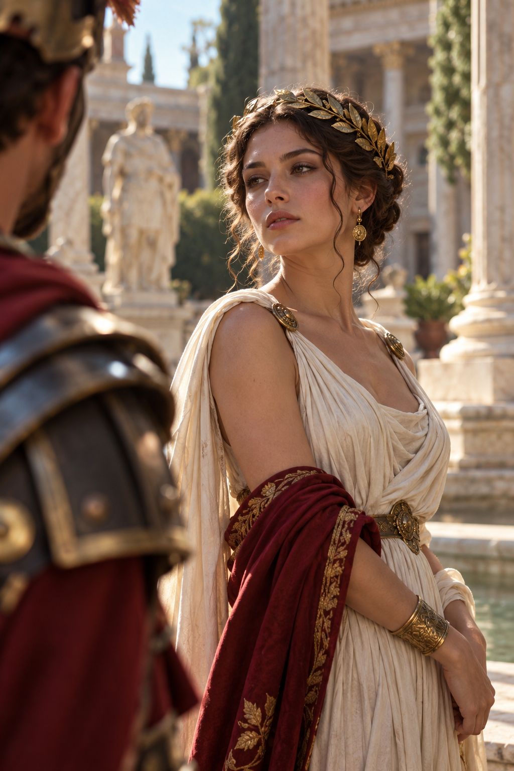 AI generated cinematic scene of a woman in ancient Roman attire