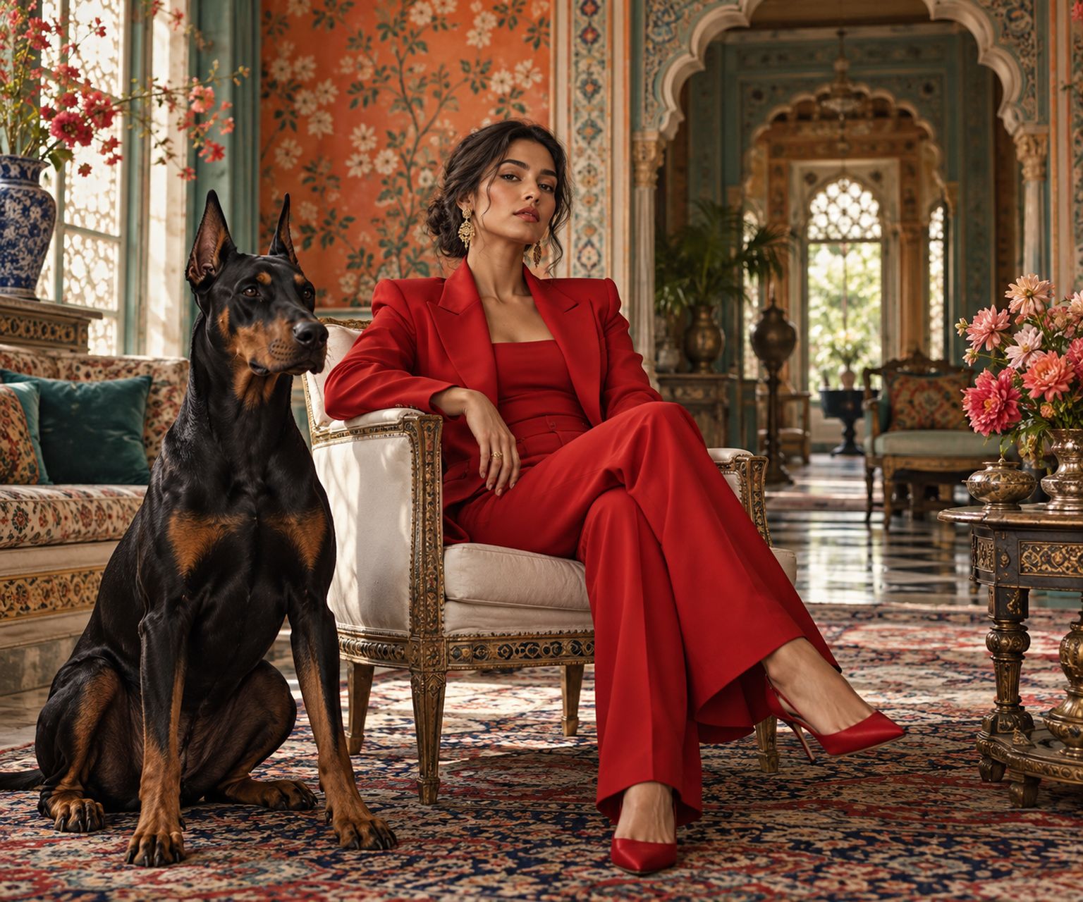 Stylized fashion scene generated from a single prompt: a woman in a red suit with a doberman in an ornate room